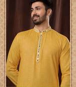 Straight art silk yellow solid collar neck with embroidery kurta payjama