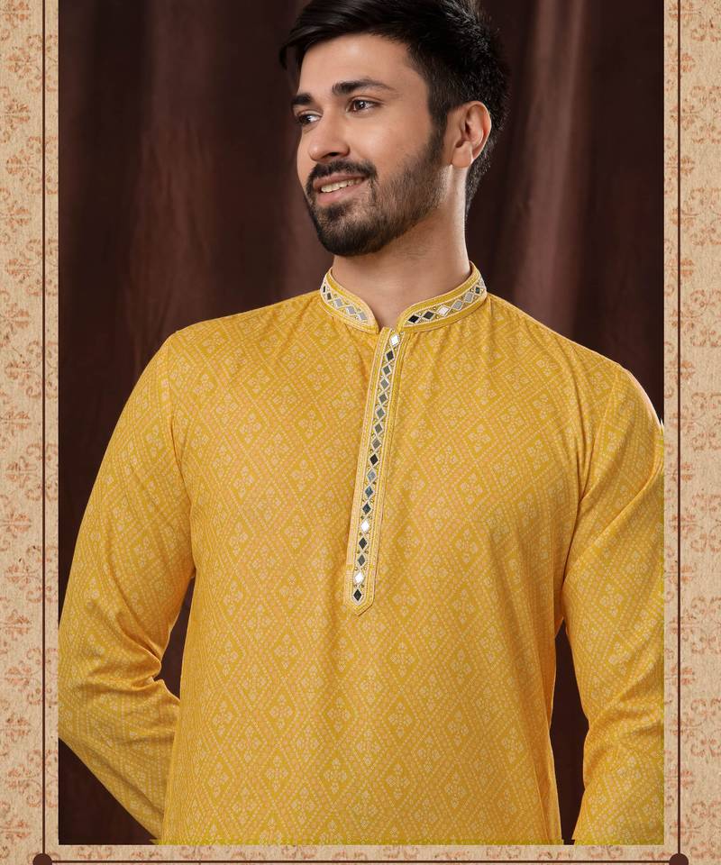 Straight art silk yellow solid collar neck with embroidery kurta payjama