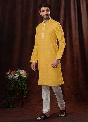 Straight Art silk yellow solid collar neck with embroidery kurta payjama 2