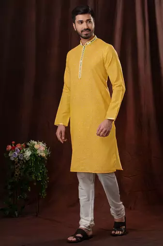 Straight art silk yellow solid collar neck with embroidery kurta payjama