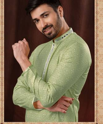 Straight Art silk light green solid collar neck with embroidery kurta payjama 1