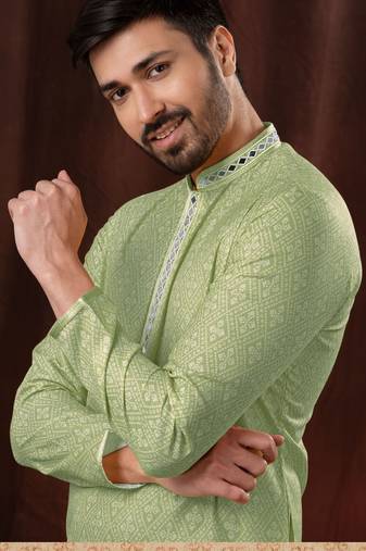 Straight art silk light green solid collar neck with embroidery kurta payjama