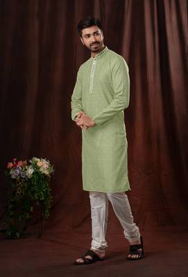 Straight Art silk light green solid collar neck with embroidery kurta payjama 2