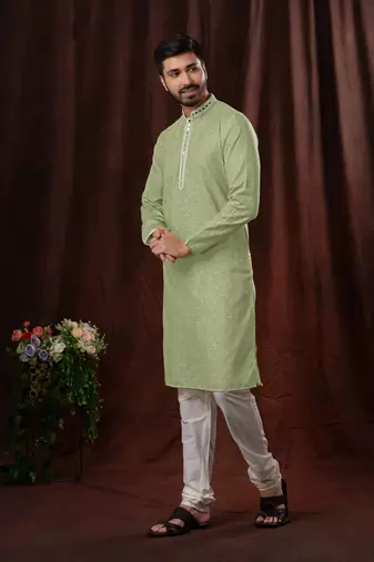 Straight art silk light green solid collar neck with embroidery kurta payjama