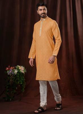 Straight Art silk orange solid collar neck with embroidery kurta payjama 1