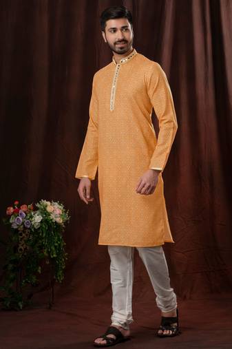 Straight art silk orange solid collar neck with embroidery kurta payjama