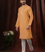 Straight art silk orange solid collar neck with embroidery kurta payjama
