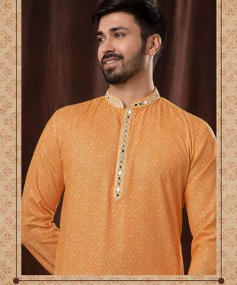 Straight Art silk orange solid collar neck with embroidery kurta payjama 2