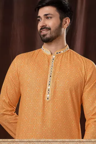 Straight art silk orange solid collar neck with embroidery kurta payjama
