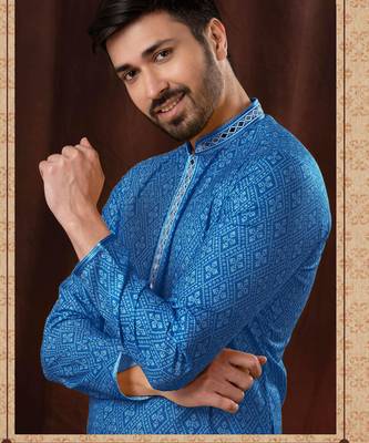 Straight Art silk blue solid collar neck with embroidery kurta payjama 1