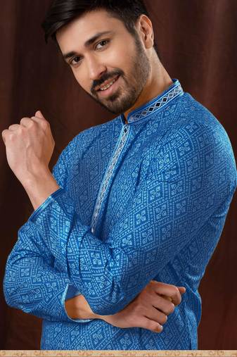 Straight art silk blue solid collar neck with embroidery kurta payjama
