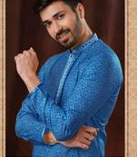 Straight art silk blue solid collar neck with embroidery kurta payjama