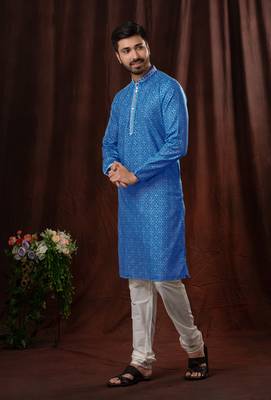 Straight Art silk blue solid collar neck with embroidery kurta payjama 2
