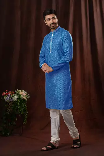 Straight art silk blue solid collar neck with embroidery kurta payjama