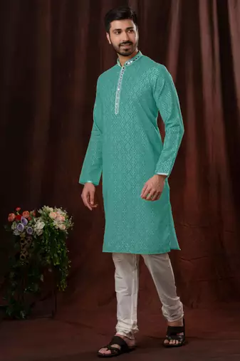 Straight art silk green solid collar neck with embroidery kurta payjama