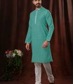 Straight art silk green solid collar neck with embroidery kurta payjama