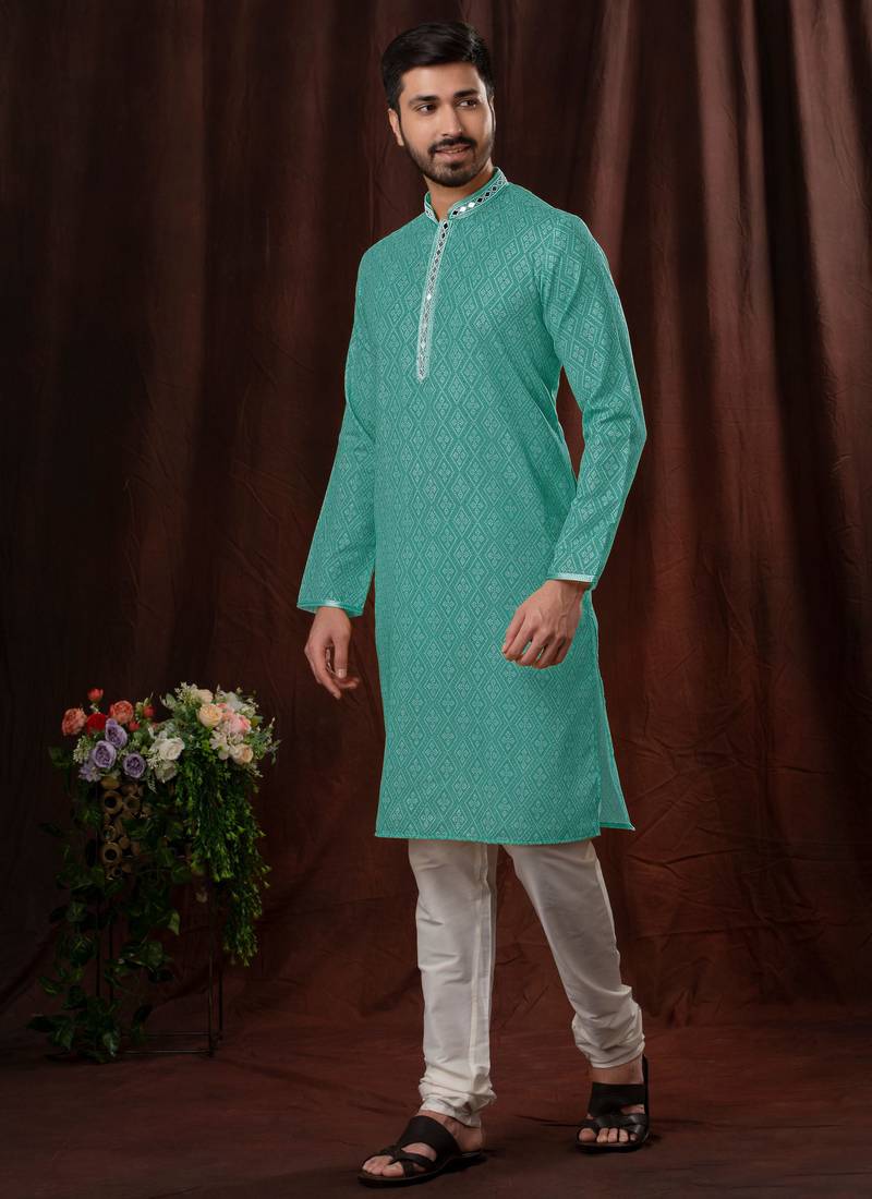 Straight art silk green solid collar neck with embroidery kurta payjama