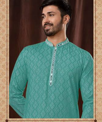 Straight Art silk green solid collar neck with embroidery kurta payjama 2