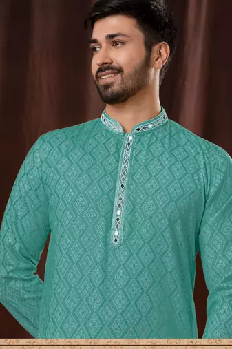 Straight art silk green solid collar neck with embroidery kurta payjama