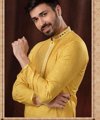 Straight Art silk light yellow solid collar neck with embroidery kurta payjama 1