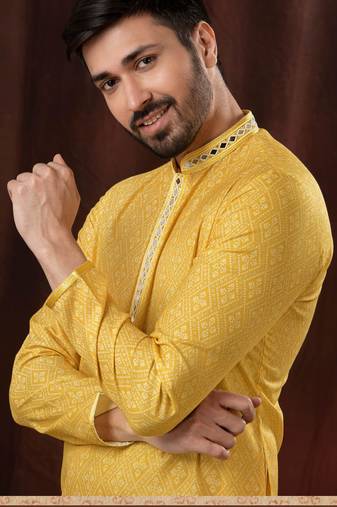 Straight art silk light yellow solid collar neck with embroidery kurta payjama