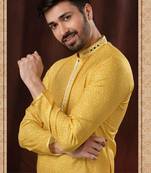 Straight art silk light yellow solid collar neck with embroidery kurta payjama