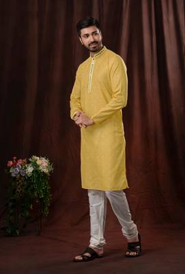 Straight Art silk light yellow solid collar neck with embroidery kurta payjama 2