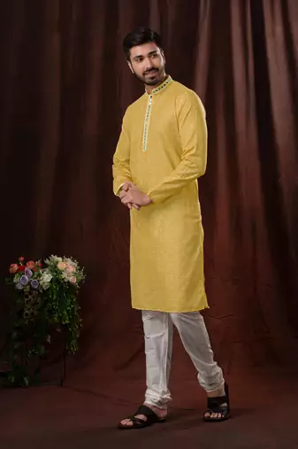 Straight art silk light yellow solid collar neck with embroidery kurta payjama