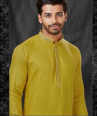 Straight self jacquard green solid collar neck with embroidery kurta payjama 2