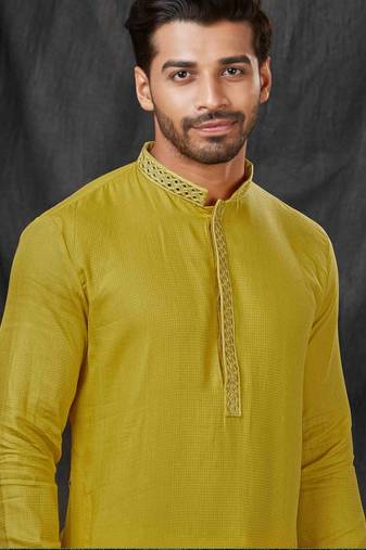 Straight self jacquard green solid collar neck with embroidery kurta payjama
