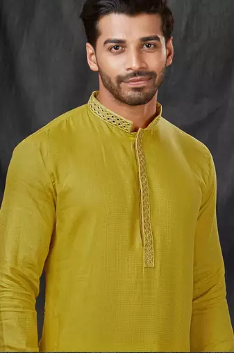 Straight self jacquard green solid collar neck with embroidery kurta payjama