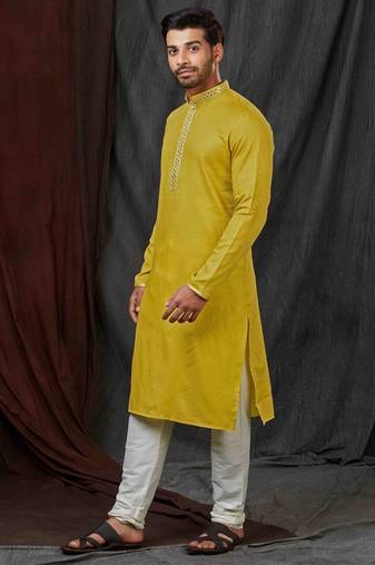 Straight self jacquard green solid collar neck with embroidery kurta payjama
