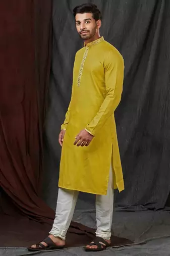 Straight self jacquard green solid collar neck with embroidery kurta payjama
