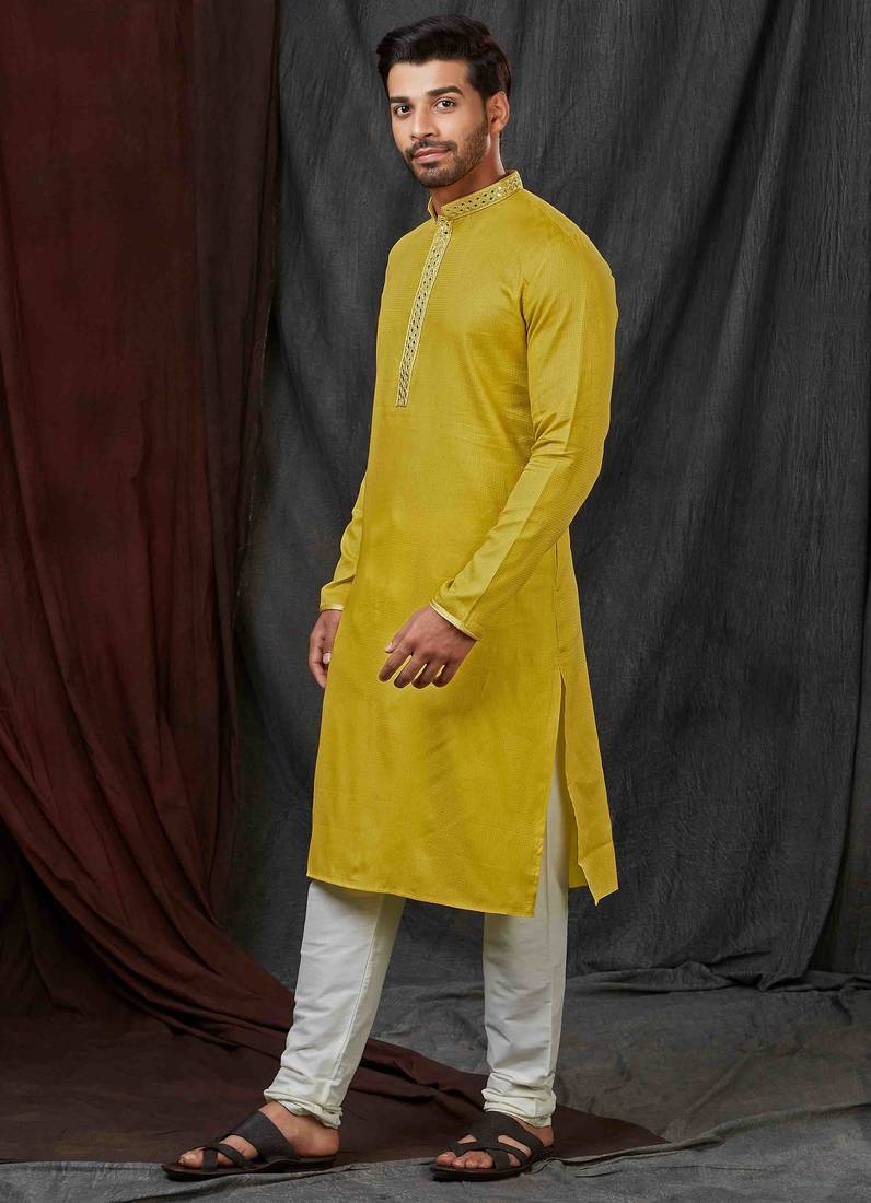 Straight self jacquard green solid collar neck with embroidery kurta payjama