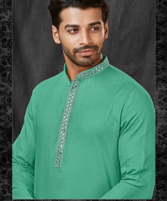 Straight self jacquard c.green solid collar neck with embroidery kurta payjama 2