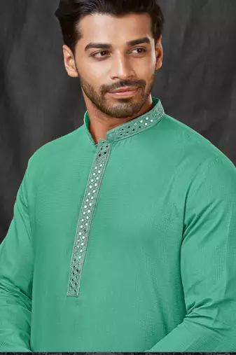 Straight self jacquard c.green solid collar neck with embroidery kurta payjama