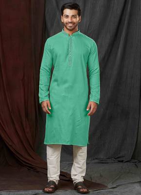 Straight self jacquard c.green solid collar neck with embroidery kurta payjama 1