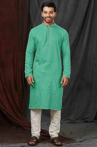 Straight self jacquard c.green solid collar neck with embroidery kurta payjama