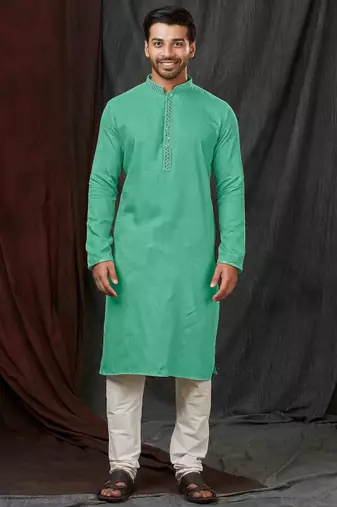 Straight self jacquard c.green solid collar neck with embroidery kurta payjama