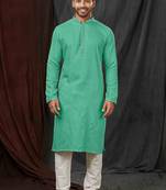 Straight self jacquard c.green solid collar neck with embroidery kurta payjama