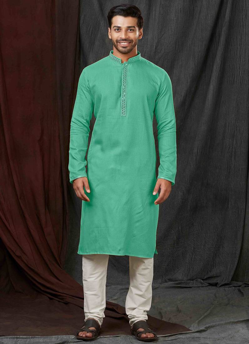 Straight self jacquard c.green solid collar neck with embroidery kurta payjama