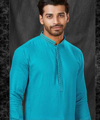 Straight self jacquard blue solid collar neck with embroidery kurta payjama 2