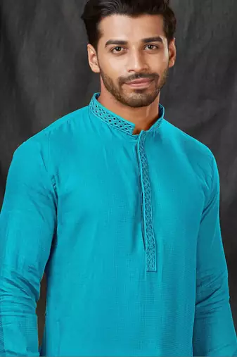 Straight self jacquard blue solid collar neck with embroidery kurta payjama