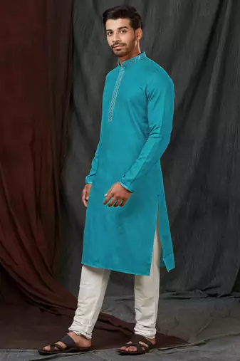Straight self jacquard blue solid collar neck with embroidery kurta payjama