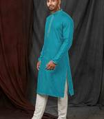 Straight self jacquard blue solid collar neck with embroidery kurta payjama