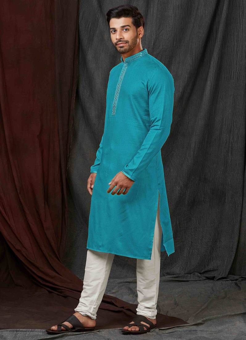Straight self jacquard blue solid collar neck with embroidery kurta payjama
