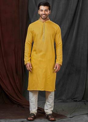Straight self jacquard musturd solid collar neck with embroidery kurta payjama 1