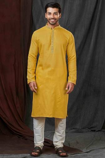 Straight self jacquard musturd solid collar neck with embroidery kurta payjama