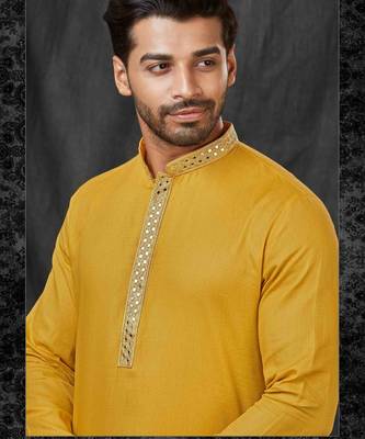 Straight self jacquard musturd solid collar neck with embroidery kurta payjama 2