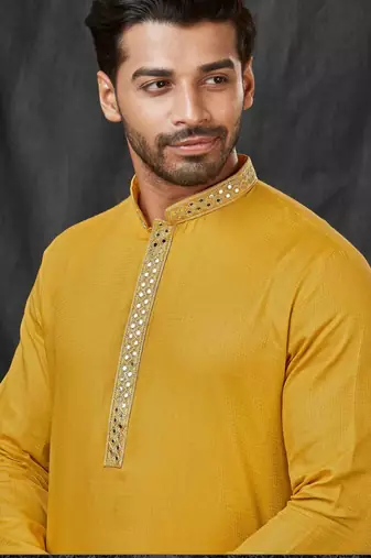 Straight self jacquard musturd solid collar neck with embroidery kurta payjama